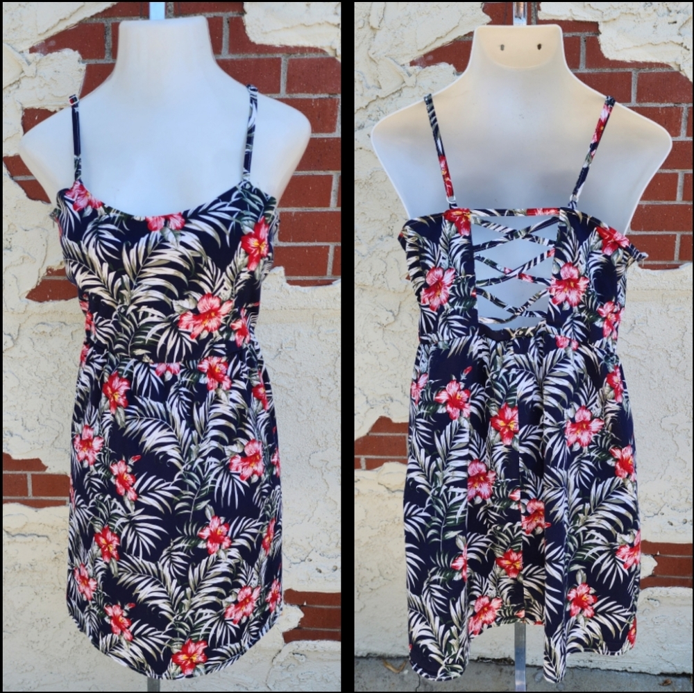 1X ? blue floral short hawaiian spaghetti strap dress fit & flare NO SIZE TAG